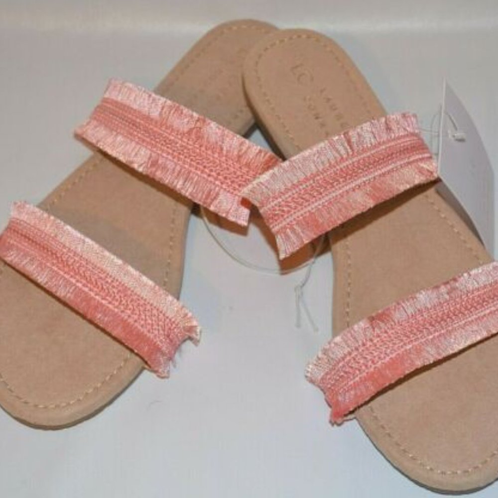 Summer slides sandals fringe double two strap pink coral kohl's LC LAUREN Sz 7 8 - Picture 3 of 3